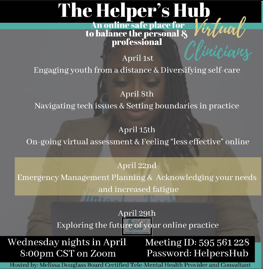 TheVirtualLCSW's tweet image. Second to last meeting for now! Tonight, 8pm CST, through Zoom 

Clinicians, #MeetMeAtTheHub
zoom.us/j/595561228?pw…