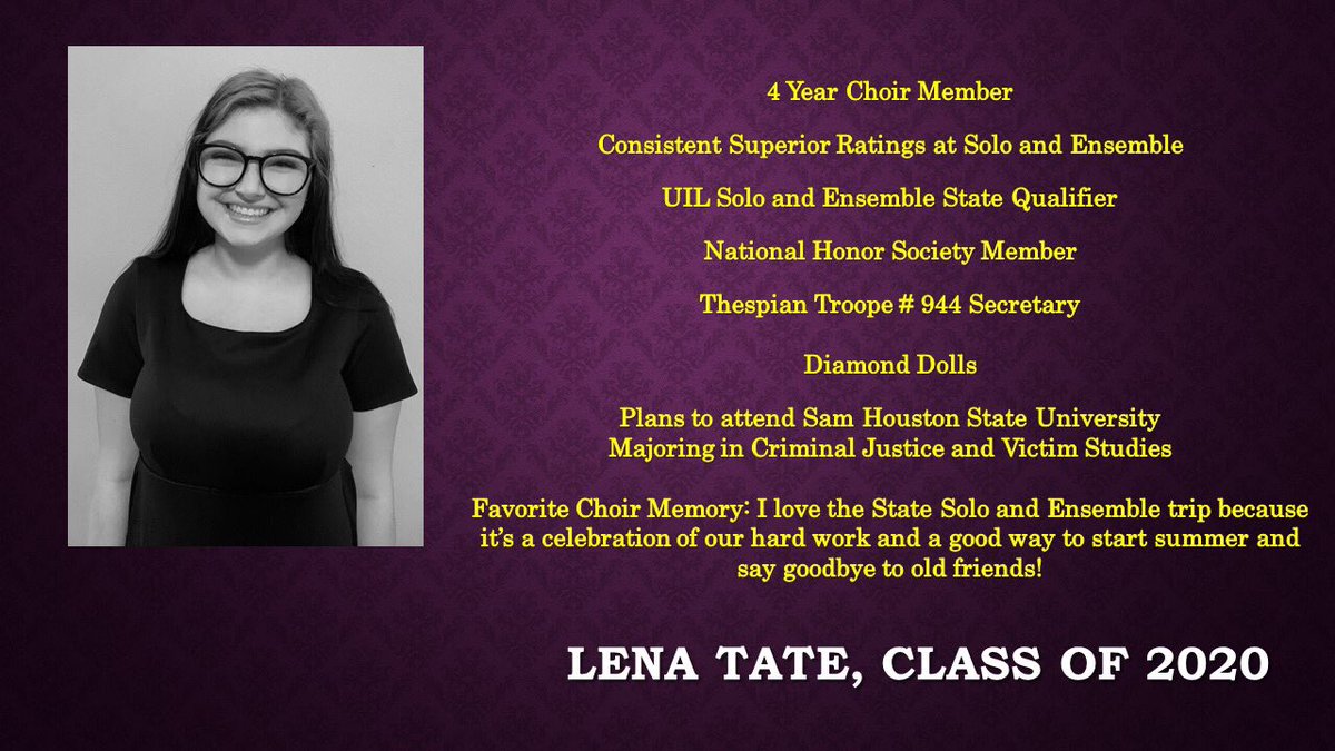 LufkinChoirs's tweet photo. LHS Panther Choir Senior Spotlight Lena Tate #lufkinsings #lufkinlearns #nwing #lufkinfinearts https://t.co/RLUYh4WHyM