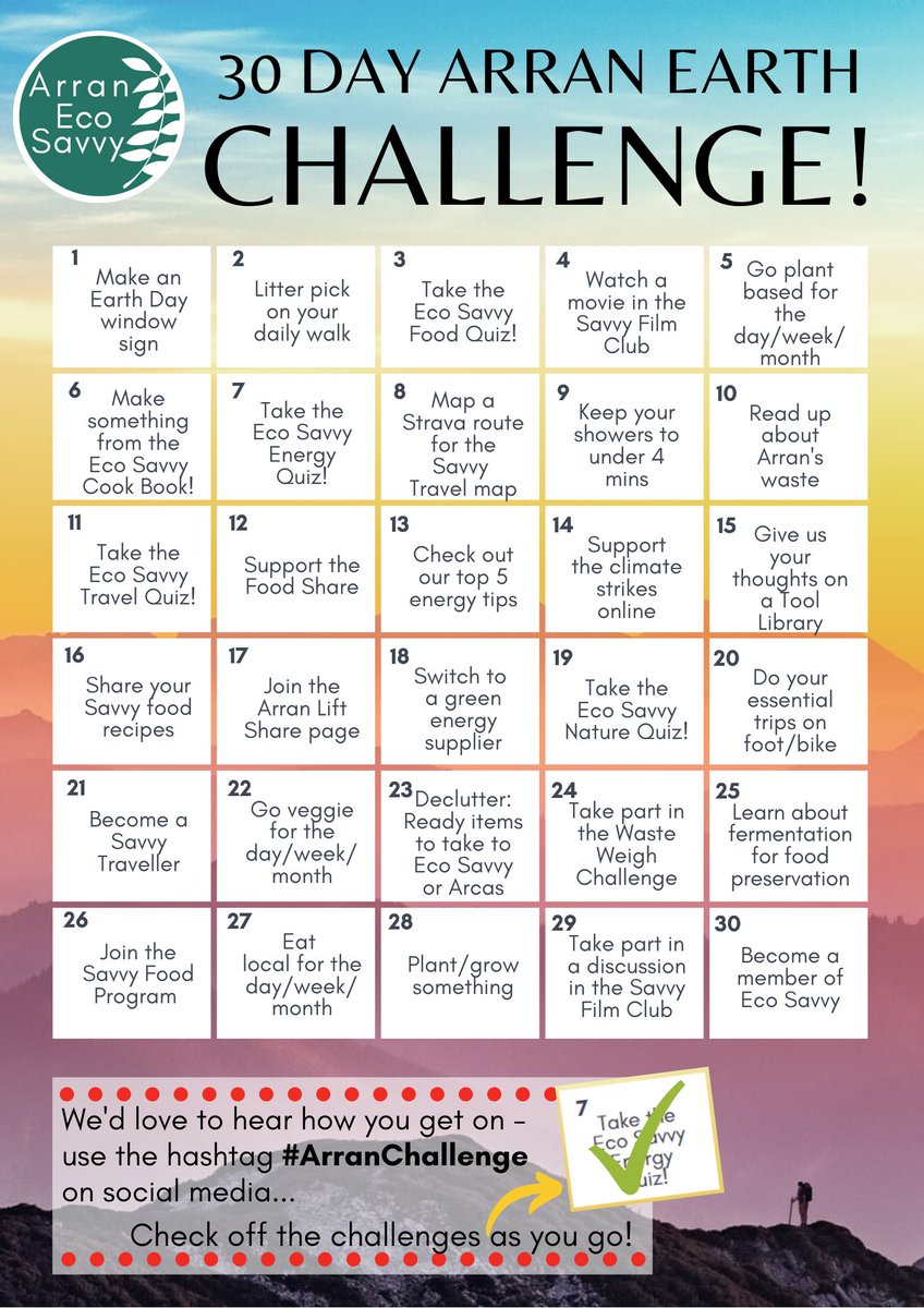 ArranEco's tweet photo. Happy 50th #EarthDay! 

We challenge you to complete &amp; tick off as many tasks as you can within 30 days. Share using #ArranChallenge 🌿

Go here for the full interactive document, with links to further info on each challenge! https://t.co/K7OPTatl2j

#climatechallengefund https://t.co/2Hny5ADekY