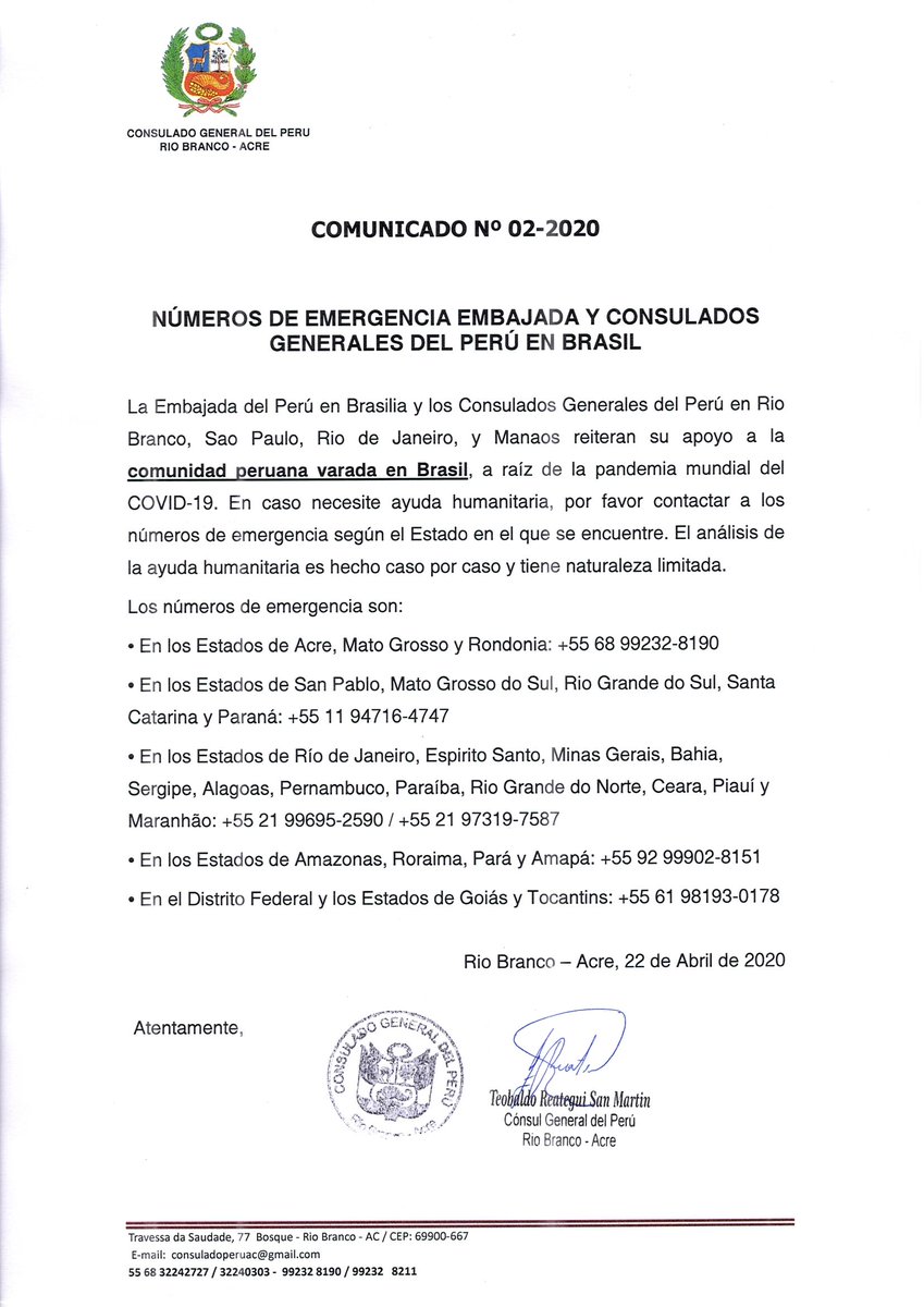 consuladoperuac's tweet photo. COMUNICADO Nº 02-2020
NÚMEROS DE EMERGENCIA EMBAJADA Y CONSULADOS GENERALES DEL PERÚ EN BRASIL https://t.co/8qtFwVpuff