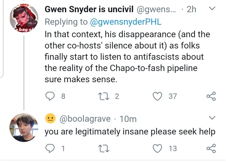 "Chapo defenders aren't fash-adjacent, you're imagining things, Gwen"