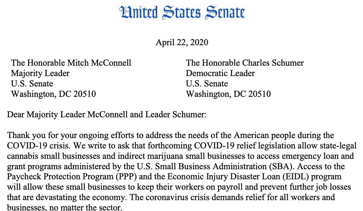 JUST IN: 10 senators, led by  @SenJackyRosen and  @RonWyden, sent a letter urging the body’s leadership to include relief for marijuana businesses in the next round of coronavirus legislation. https://www.marijuanamoment.net/senators-want-marijuana-businesses-to-qualify-for-federal-coronavirus-relief-programs/