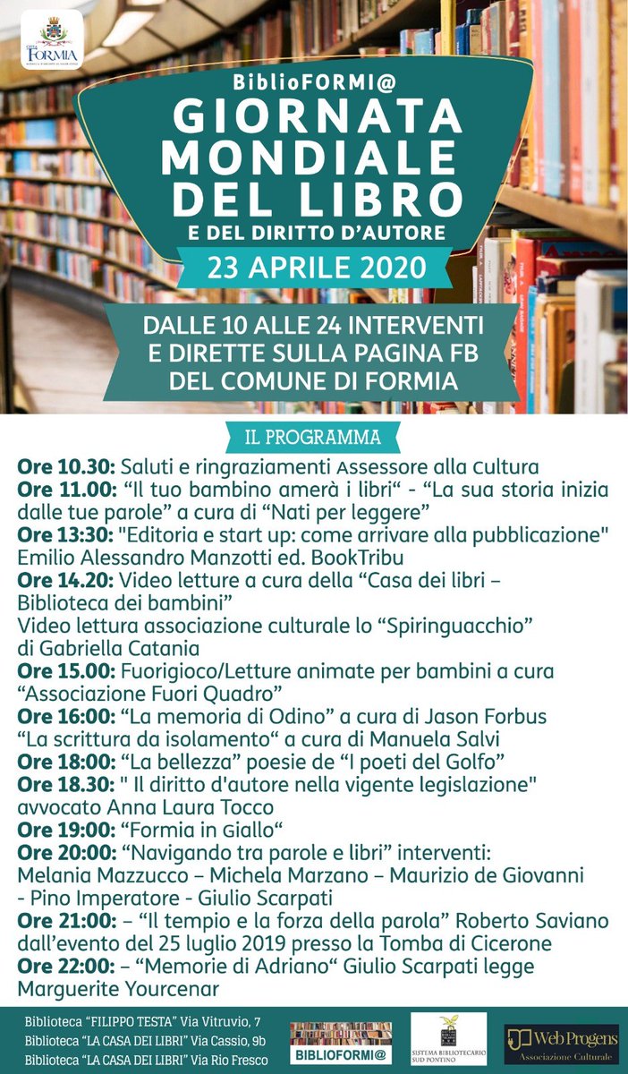 Telegolfo's tweet photo. Formia: 23 aprile Giornata mondiale del libro e del diritto d’autore, il programma dell’evento organizzato dal Comune di Formia https://t.co/sqmT1gPTLP https://t.co/bsEdTQBshB