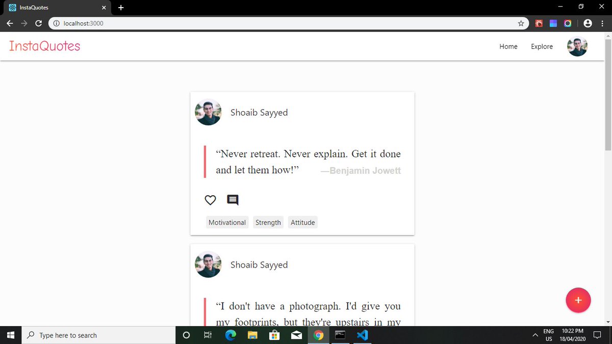 shoaibsayyed_03's tweet photo. Hello All, working on #MERN Stack project - InstaQuotes a platform to share quotes. Thank you @tanaypratap for giving opportunity to prove ourselves in #teamtanayjobchallenge. Currently working on UI using #React. #ttjc
#100DaysOfCode #javascript #Project #programming #developer https://t.co/kz6KbIU0rX