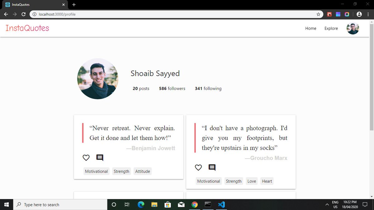 shoaibsayyed_03's tweet photo. Hello All, working on #MERN Stack project - InstaQuotes a platform to share quotes. Thank you @tanaypratap for giving opportunity to prove ourselves in #teamtanayjobchallenge. Currently working on UI using #React. #ttjc
#100DaysOfCode #javascript #Project #programming #developer https://t.co/kz6KbIU0rX
