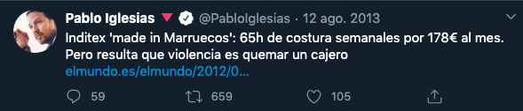 borjajimenezd's tweet image. Pablo Iglesias viste hoy con la ropa de Zara (Inditex), del malvado Amancio Ortega, que ejerce más violencia que quienes queman cajeros, es un maldito capitalista que se forra a dividendos y, encima, da limosnas multimillonarias para "ocultar que no paga impuestos".