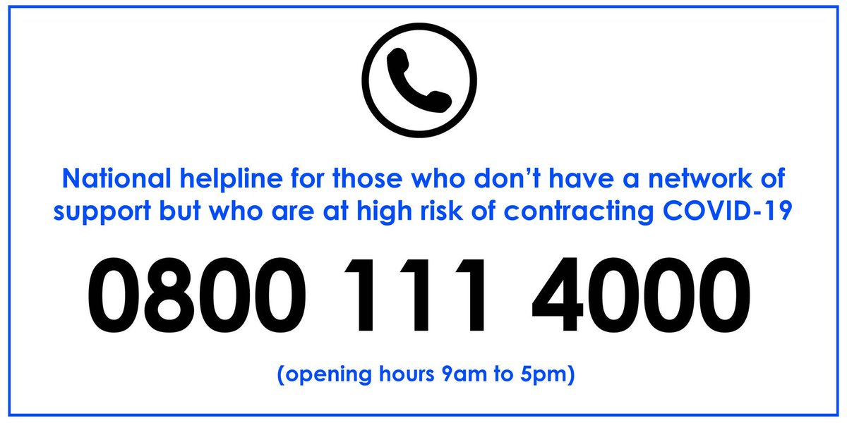 If you need help with accessing food, medicine or support, the Scottish Government national helpline for people at higher risk from COVID19 can help. The helpline can be contacted on 0800 111 4000 between 9am and 5pm.