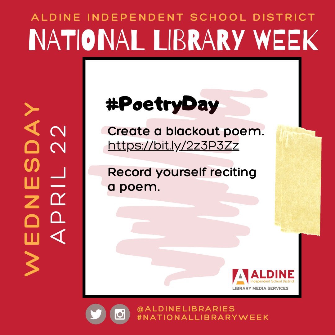GranthamLMC's tweet image. Celebrate National Library week today with Poetry Wednesday! Follow the link for some examples of how to create blackout poetry. #AISDNationalLibraryWeek #AldineAtHome #NationalLibraryWeek #PoetryMonth @aldinelibraries @Grantham_AISD