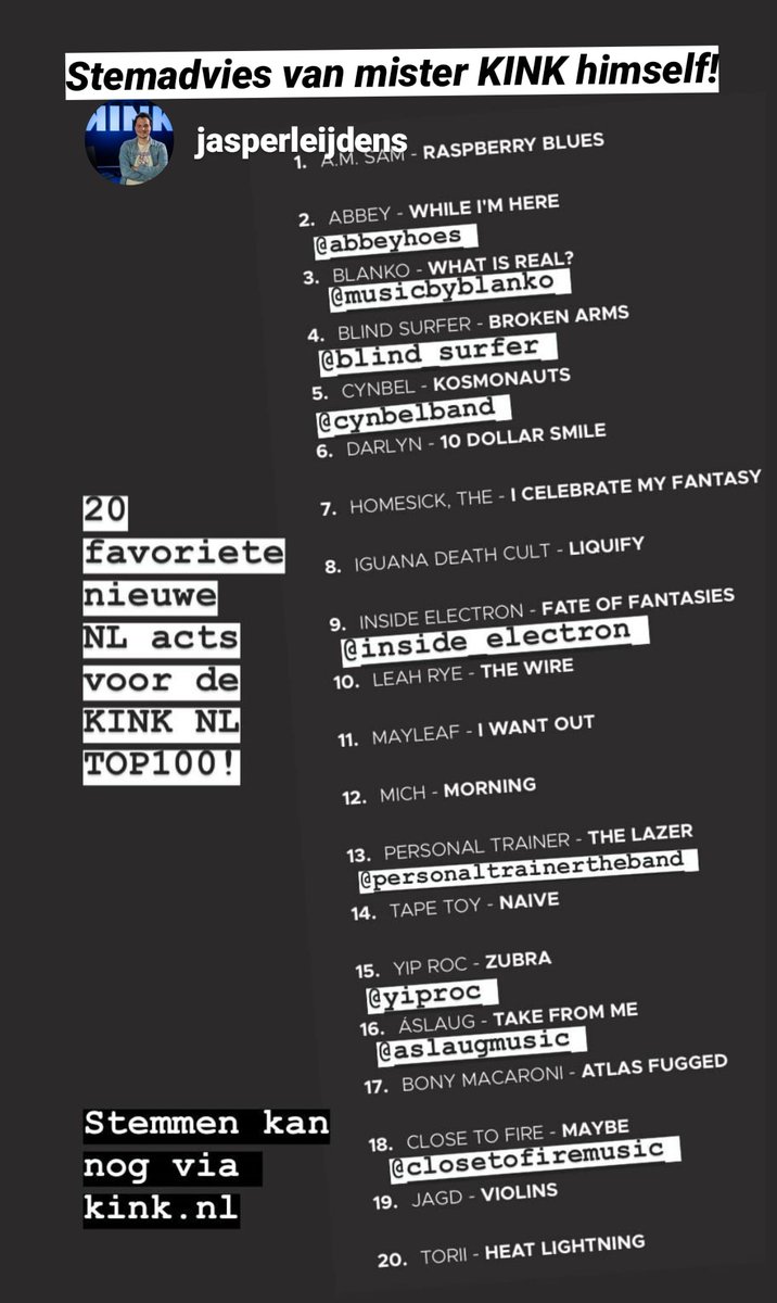Stemadvies van <a href="/JasperLeijdens/">Jasper Leijdens</a>. Je kan nog stemmen via kink.nl!