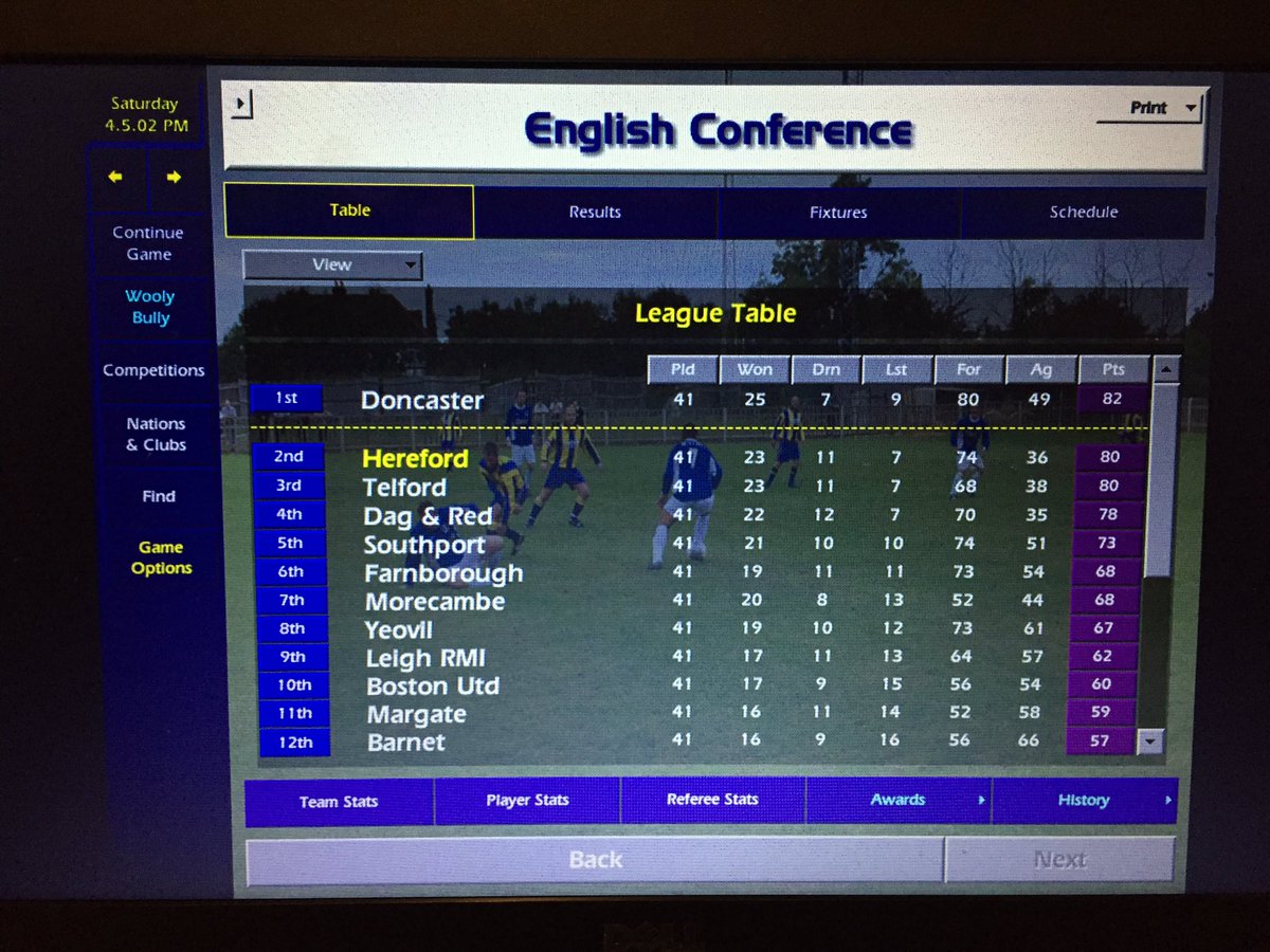 On for the final game of the season. Three sides in with a shout but Doncaster Rovers, two points clear and playing already-relegated whipping boys Chester City are in the driving seat. Hereford must win and Donny not win, else it’s another season in the Conference  #cm0102therace