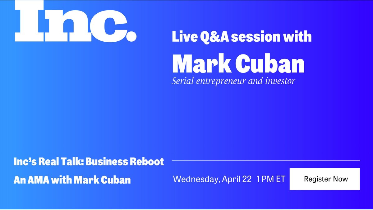 LIVE NOW: Inc.'s  @tomfoster2 is speaking with  @mcuban about how  #Covid19 is affecting business and what you can do to survive. Tune in to hear Cuban's best advice and answers to your most pressing business-related questions in this Real Talk Q&A.  http://on.inc.com/F10RhK7 