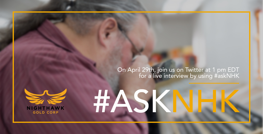STLLRgold's tweet photo. Next Wednesday, April 29th, Nighthawk Gold will be having a live interview on Twitter at 1pm EDT.
Dr. Michael Byron will be talking with Kai Hoffman of @soarfinancial on #SFLive
If you’d like to ask a question, join us with SF Live on Twitter and please use #askNHK. $NHK https://t.co/1VIEBrt44F
