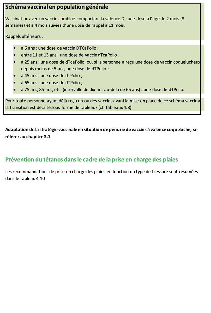 [ #Diphtérie  #Tetanos  #Polyomyélite DTP]2 mois4 mois11 mois6 ans11-13 ans25 ans45 ansTous les 10 ans à partir de 65 ansPour les professionnels de santé & d'autres professions, ces vaccinations sont obligatoires https://www.legifrance.gouv.fr/affichCodeArticle.do?cidTexte=LEGITEXT000006072665&idArticle=LEGIARTI000006687784&dateTexte=&categorieLien=cid