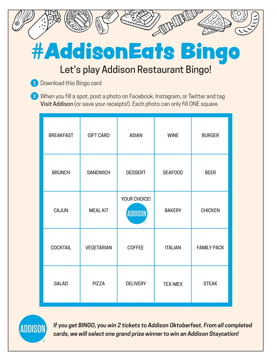 VisitAddison's tweet photo. Play the #AddisonEats Bingo with us! To view the rules and to download your card, click here: https://t.co/6FbEK9yDbd #VisitAddison #AddisonTx https://t.co/pCNip4pD2a