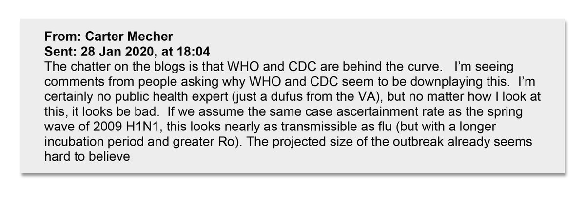 So let& #39;s bring this up to the present, and Red Dawn emails. Well, guess who is watching really closely at coronavirus spreading across China and then turns up in the United States. The team that created this policy back in 2007. And they are alarmed at what they see. Dr. Mecher: