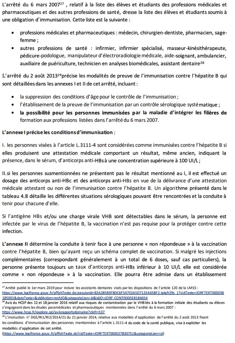 [ #Hépatite_B VHB]2 mois4 mois11 mois Rattrapage possible jusqu'à 16 ans Les professionnels exerçant dans les établissements / organismes de prévention / soins ou hébergeant des personnes âgées doivent être  #IMMUNISÉS contre le VHB. https://www.legifrance.gouv.fr/affichCodeArticle.do?cidTexte=LEGITEXT000006072665&idArticle=LEGIARTI000006687784&dateTexte=&categorieLien=cid