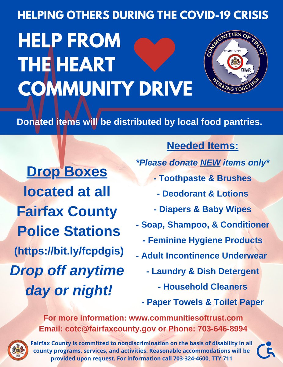 fairfaxcot's tweet photo. Join our ”Help From the Heart” community drive! We are receiving donations of new personal care products at each @FairfaxCountyPD district station.  The donation bins are available in the lobby.  Local food banks will distribute all items. Thank U! #fairfaxcot #FairfaxCounty https://t.co/NZcstbnH0h