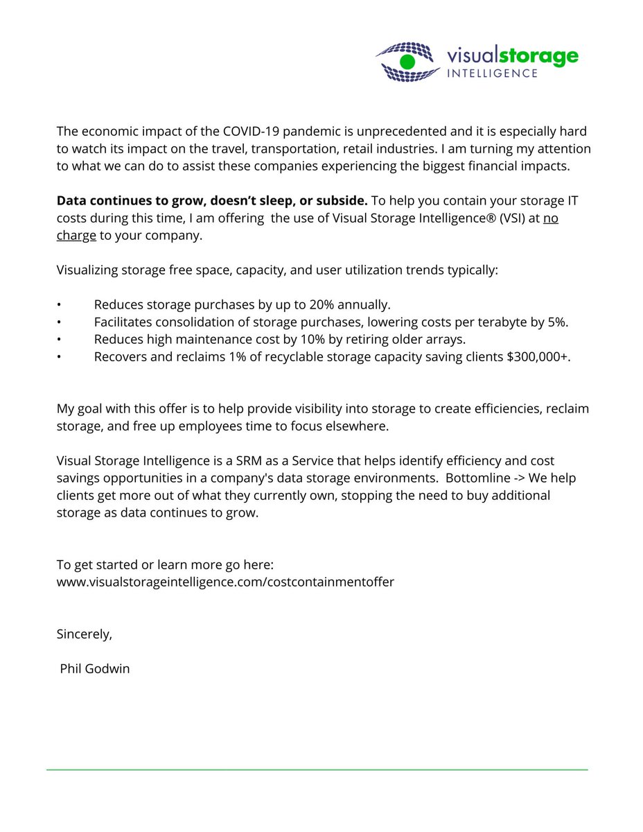 VisualOneIntel's tweet photo. Please see the letter below from @cleartechit and VSI President, Phil Godwin, for information on our IT storage cost avoidance offer. https://t.co/UzmXqAfPON
#DoYourPart #getyourstorageright https://t.co/2aWGL3AFCX