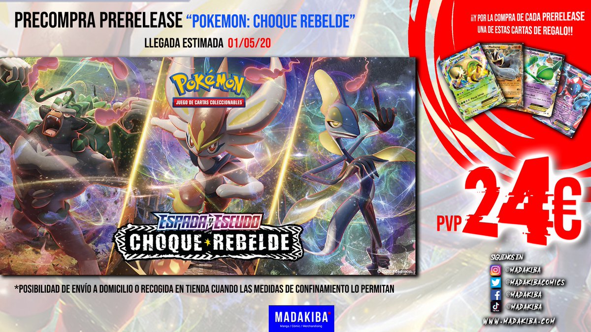 madakibacomics's tweet photo. Ya está al caer la nueva prerelease de #PokemonEspadaEscudo #ptcg  llamada #ChoqueRebelde

A partir del 1 de mayo estará a la venta. Pero recordad que ya la podéis reservar en nuestra web

¡Y por la compra de cada prerelease llévate una carta de regalo!

https://t.co/FVChspzJb6 https://t.co/YO9LxDNcTx