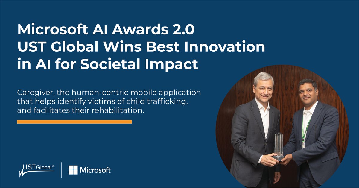 UST wins <a href="/Microsoft/">Microsoft</a>'s Most Innovative Al Application Award for Societal Impact. With @emancipaction1, we built an AI-platform that identifies victims of child trafficking, and facilitates their rehabilitation. hubs.ly/H0pMgvH0 #innovation #microsoft #digitaltransformation