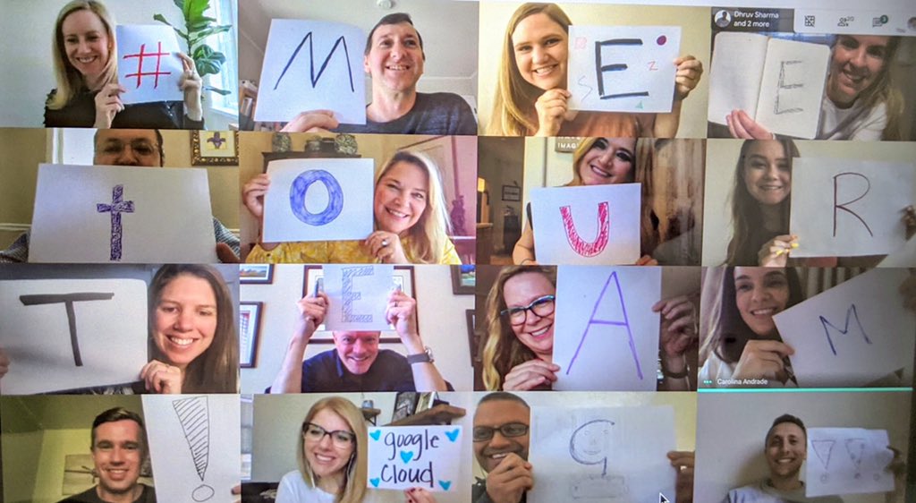 CaroleeGearhart's tweet photo. And to kick off the charge on cool team video screenshots, #MeetOurTeam! Can’t wait to see what others are doing - if you want to try this too - until 9/30 companies can get free Meet. #GoogleMeet https://t.co/leP6lFu4lS