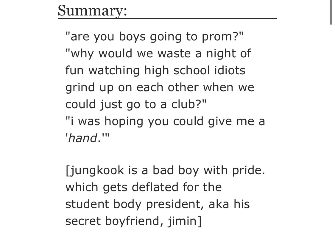 https://archiveofourown.org/works/12777528/chapters/29155128- angst, fluff, smut- jungkook’s a softie for jimin here - young love- super long but worth the read