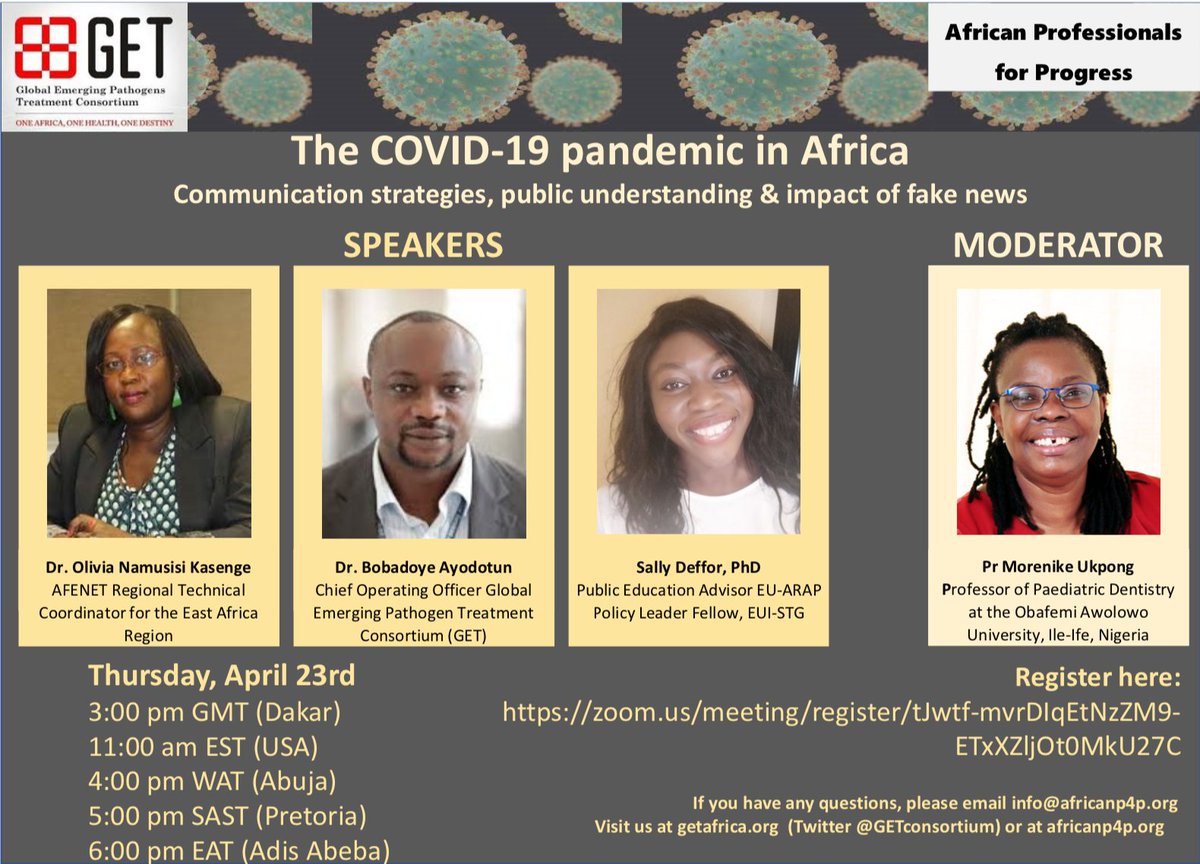 Join our COO, Dr. Bobadoye Ayodotun <a href="/DrAyodotun/">Dr. Ayodotun Bobadoye</a> 
Tomorrow at 4pm WAT 

The COVID-19 pandemic in Africa: Communication strategies, public understanding &amp; impact of fake news

Register here: zoom.us/meeting/regist… 

getafrica.org
africanp4p.org

#COVID19