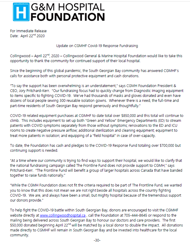 cgmhf's tweet photo. CGMHF would like to take this opportunity to thank the community for continued support of their local hospital. To say the support has been overwhelming is an understatement. To view the full press release on our COVID-19 Response Fundraising please visit https://t.co/VGlOnBXV9f https://t.co/AzImksq1Di