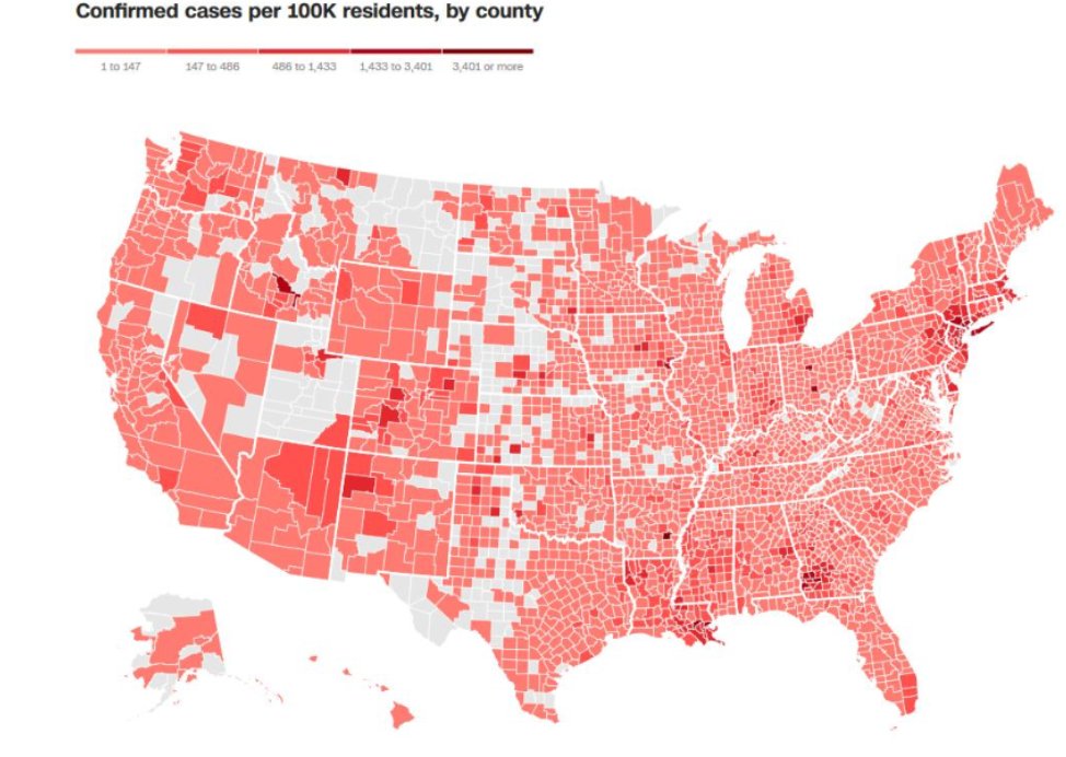 I'm going to go on the record as not liking any visual that compares a lack of cases in counties that may not be testing to the # of cases in counties that are testing as if that means anything. Also, like, the unnecessary chaos here. Does this tell us anything but population?