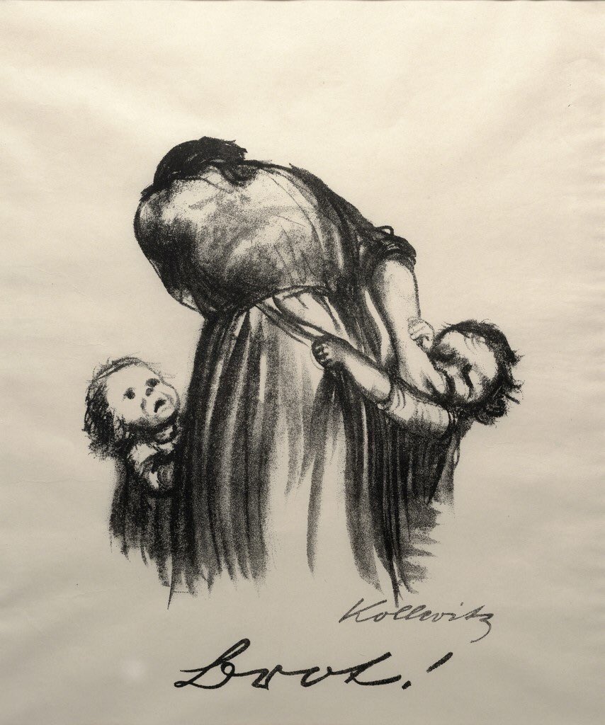 Kollwitz created her three most famous posters - Germany’s Children Starving (1924), Bread (1924) & Never Again War (1924) at a time when Germany was collapsing after the Great War. It was a time of crisis & children were the great artist’s concern