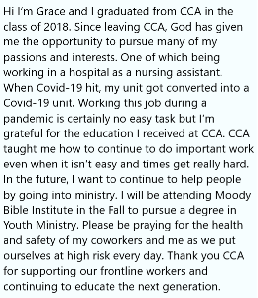 ClassicalConsor's tweet photo. Alumni making a difference: Pray for Grace and all of the front-line workers. https://t.co/7TYp73eEVS