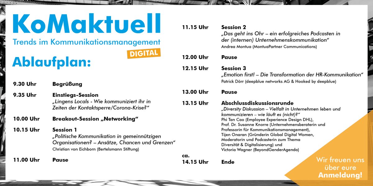 Der finale Ablaufplan zur #KoMaktuell20 #digital steht fest! ✅ Wir freuen uns auf spannende Sessions und Diskussionen mit <a href="/CEichborn/">Christian von Eichborn</a>, <a href="/a_montua/">Andrea Montua</a>, <a href="/PatrickDrr4/">Patrick Dörr</a>, <a href="/phitancao/">Phi</a>, Prof. Dr. Susanne Knorre, <a href="/TijenOnaran/">Tijen Onaran</a> und <a href="/vickywagner/">Victoria Wagner</a> 💙