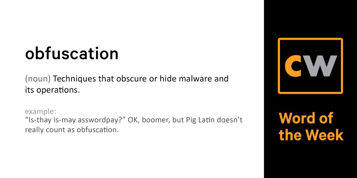 thecyberwire's tweet photo. “‘Is-thay is-may asswordpay?’ OK, boomer, but Pig Latin doesn’t really count as #obfuscation.” #CWLearn https://t.co/IfNUZ4lzDr