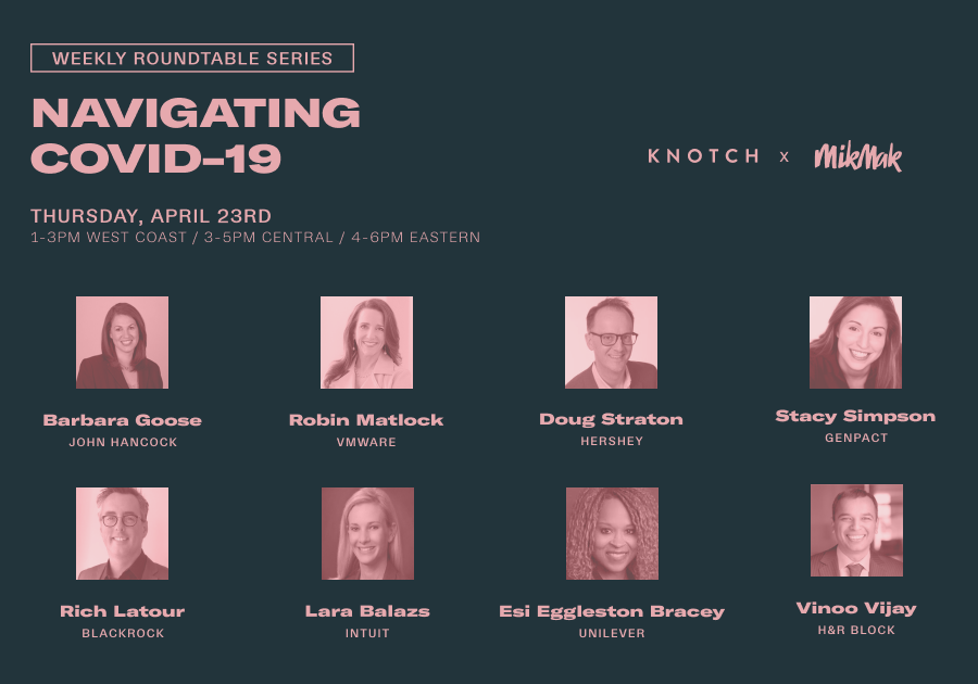 Looking forward to participating in tomorrow's weekly #RoundtableSeries hosted by <a href="/KnotchInc/">Knotch</a>  "Navigating #COVIDー19: April 23rd Edition". I'll be sharing my perspective on the current climate and what's been top of mind - bit.ly/3aw6eQi