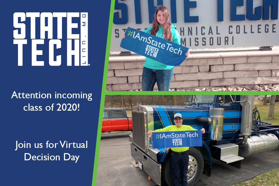 statetechmo's tweet photo. To the incoming class of 2020, May 1st is National College Decision Day! Please send us a picture with your #IAmStateTech sign you received in your welcome packet. Send the picture to admissions@statetechmo.edu and you will win State Tech gear during Week of Welcome this Fall! https://t.co/qZwBoSwTiu