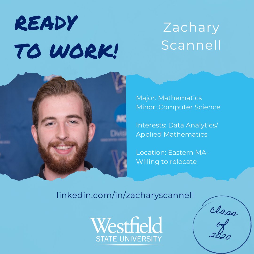 WSUCareers's tweet photo. The Career Center team at Westfield State is partnering w/ the senior class to get them employed! Meet Zach, a Mathematics major with a minor in Computer Science. If you want to learn more about Zach, connect with him on LinkedIn! 🦉 #westfieldstatereadytowork #hirewestfieldstate https://t.co/QBMDOLUS2W