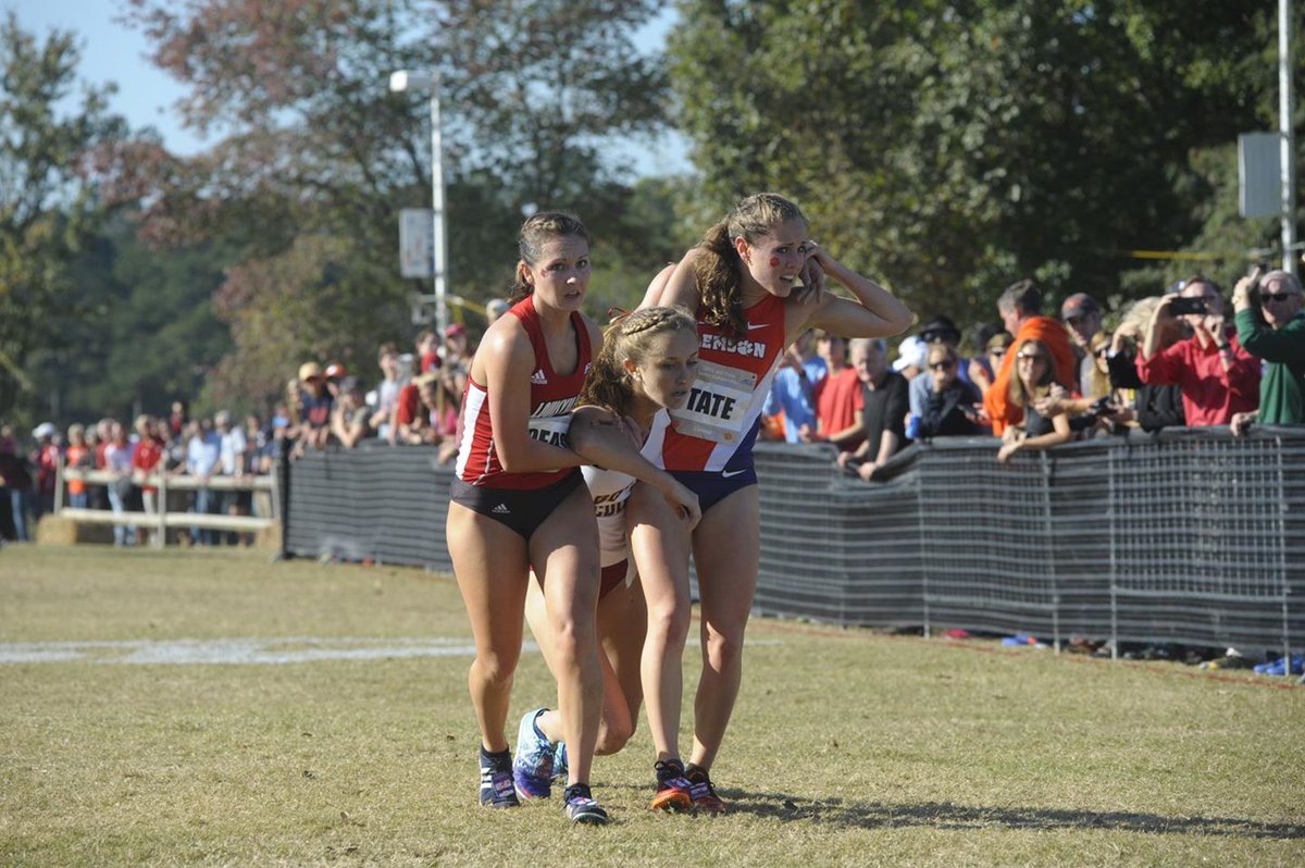 NCAA's tweet image. On this day in 2016, @ClemsonTrackXC&apos;s Evie Tate and @UofLTrackXC&apos;s Rachel Pease helped @BCTrackXC runner Madeline Adams across the finish line at the ACC Cross Country Championships.