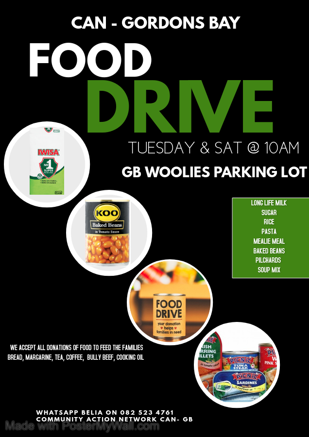 I_am_AndreaE's tweet photo. Calling all Gordons Bay Residents to assist with donating food every Tuesday & Saturday @10am in the Woolies Parking Lot. We are feeding the local community in Temperance Town.Β
#GoAwayCovid19 #CAN-GB #CommunityActionNetwork #FeedThePeople https://t.co/n18Bw6kKRd