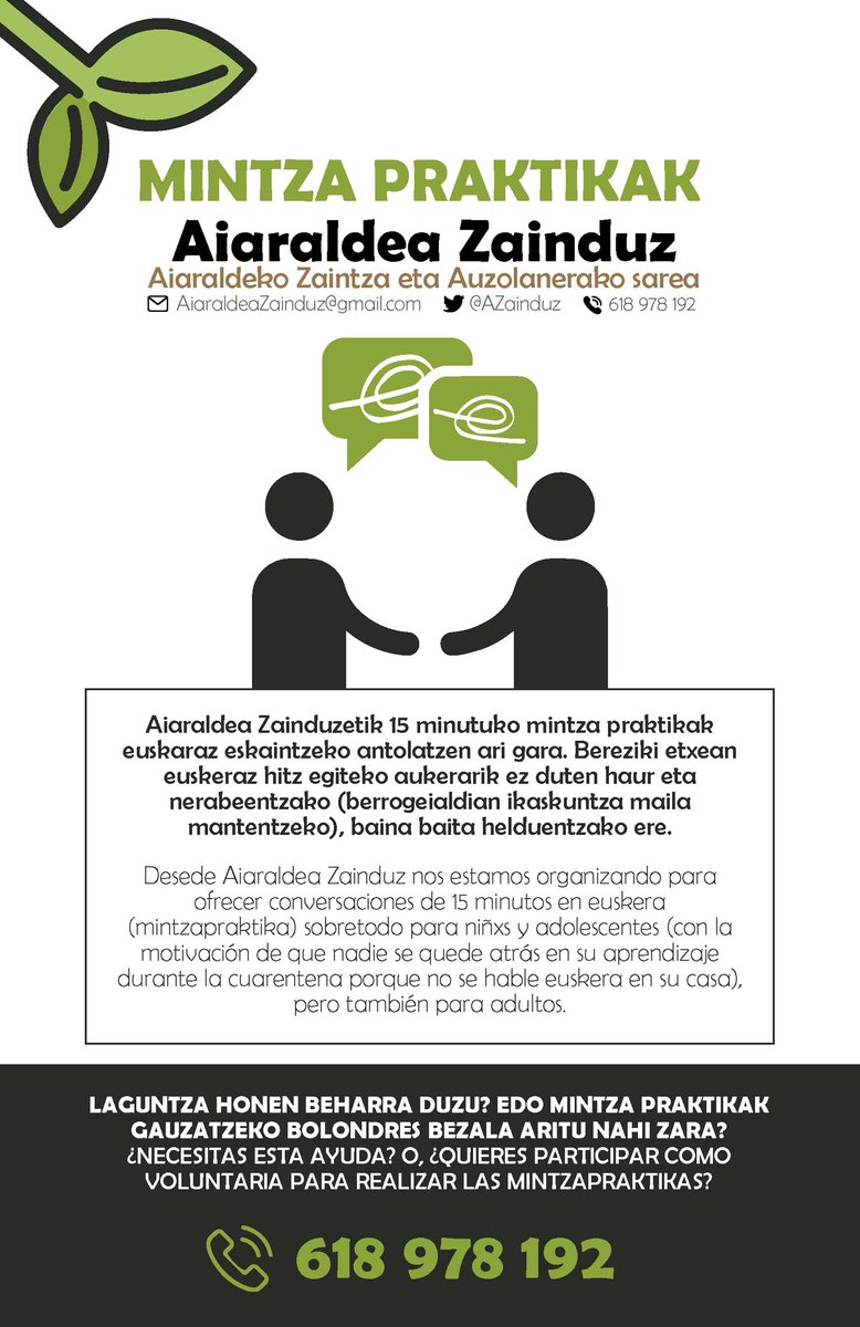 AZainduz's tweet photo. Kaixo!

Aiaraldea Zainduz zaintza saretik, etxean euskaraz hitz egiteko aukera ez duten haur, gazte zein helduentzat Mintza-praktikak eskeintzeko egitasmoa antolatzen ari gara.

Animatu!!🌱🌱✊🏻✊🏻 https://t.co/XlgQ0VBv2M