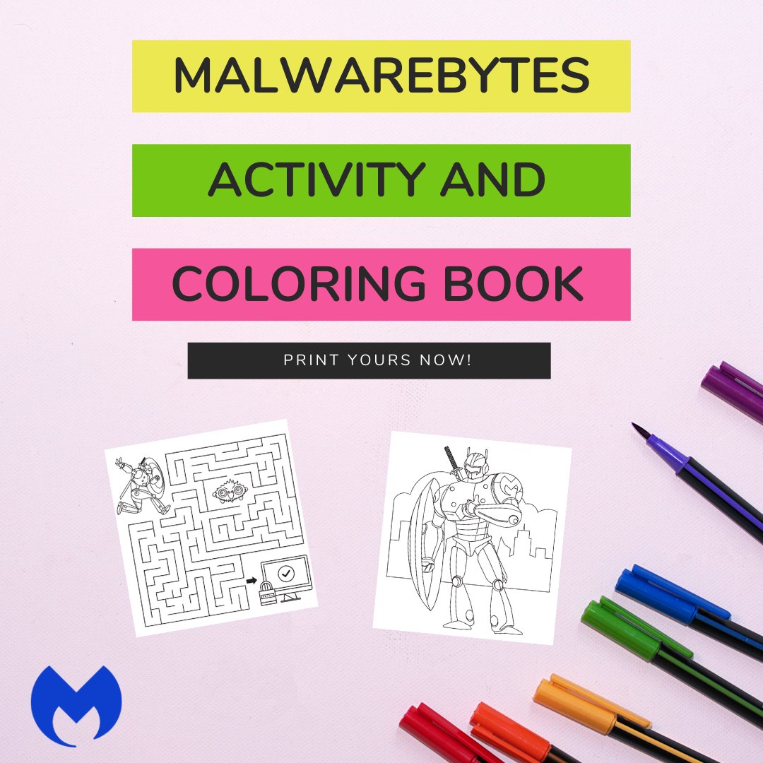Malwarebytes's tweet photo. Sheltering in place comes with challenges, so our team created something to let our employee’s kids know we are thinking of them too. Want to share in our fun? Get your own Malwarebytes Coloring &amp; Activity Book to enjoy with your family! https://t.co/WRLXguyslQ #byteslyfe https://t.co/vgaIwH0mQk