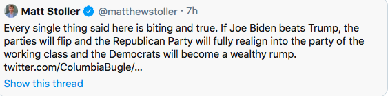 unsurprising when you believe far right republicans, who are directly aligned with corporate interests as they larp as edgy anti-elitists, "will become the party of the working class". the alternative, that the working class despises both party elites, is unthinkable for them