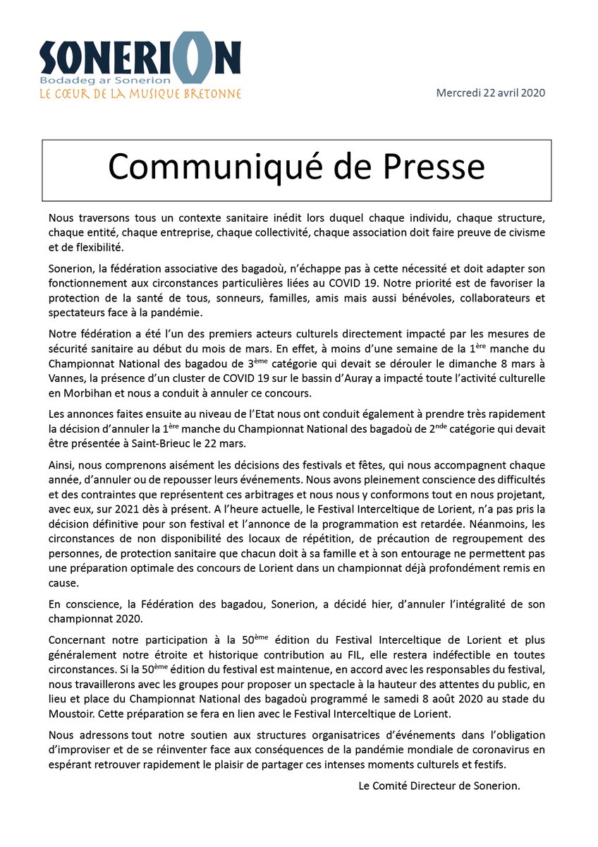 𝗔𝗻𝗻𝘂𝗹𝗮𝘁𝗶𝗼𝗻 𝗱𝘂 𝗰𝗵𝗮𝗺𝗽𝗶𝗼𝗻𝗻𝗮𝘁 𝟮𝟬𝟮𝟬
La Fédération des bagadoù, @BASonerion, a décidé hier, d’annuler l’intégralité de son championnat 2020

Pour plus d'informations ⬇️