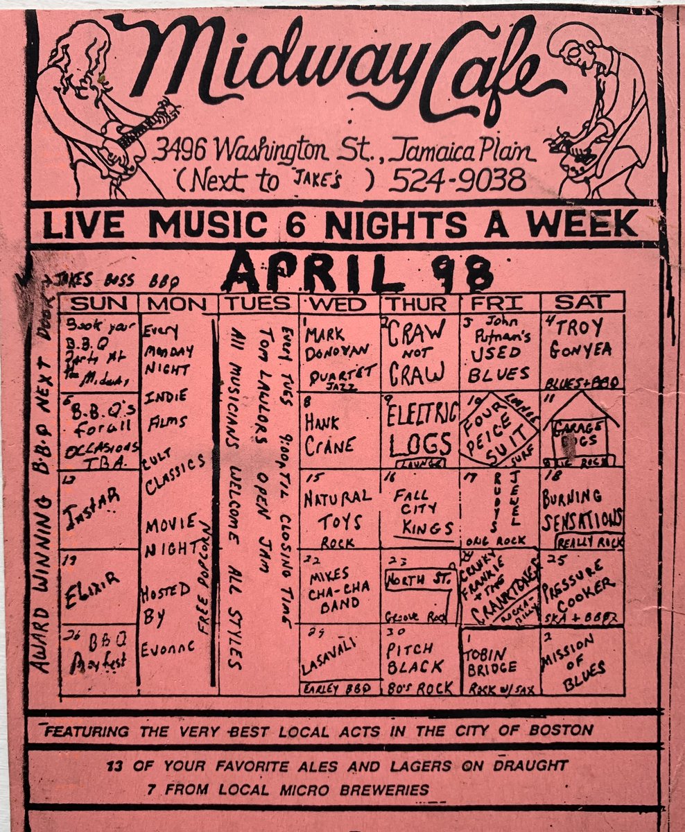 themidwayjp's tweet photo. The #midwaycafe #jp calendar for April 1998
#blastfromthepast #themidway #jamaicaplain #electriclogs #burningsensations #cranktones #fourpiecesuit #royskudge #garagedogs #pressurecooker #thosewerethedays https://t.co/YwOITkCQrC