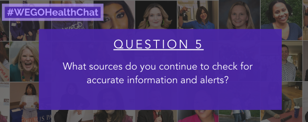 socialhealthnet's tweet photo. Ok, let's discuss how and where we're getting the information we're sharing.
Q5. What sources do you continue to check for accurate information and alerts? #WEGOHealthChat https://t.co/GBknFl7Wql
