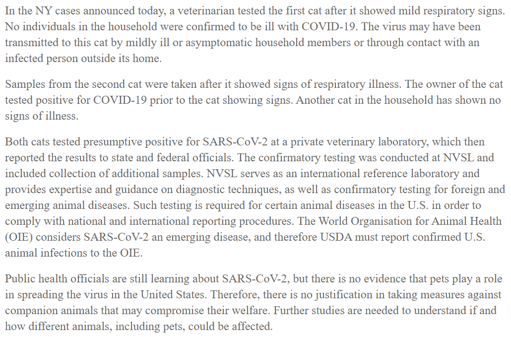 Confirmation of #COVID19 in two pet cats in #NewYork

'At this time, routine testing of animals is not recommended.' - @USDA