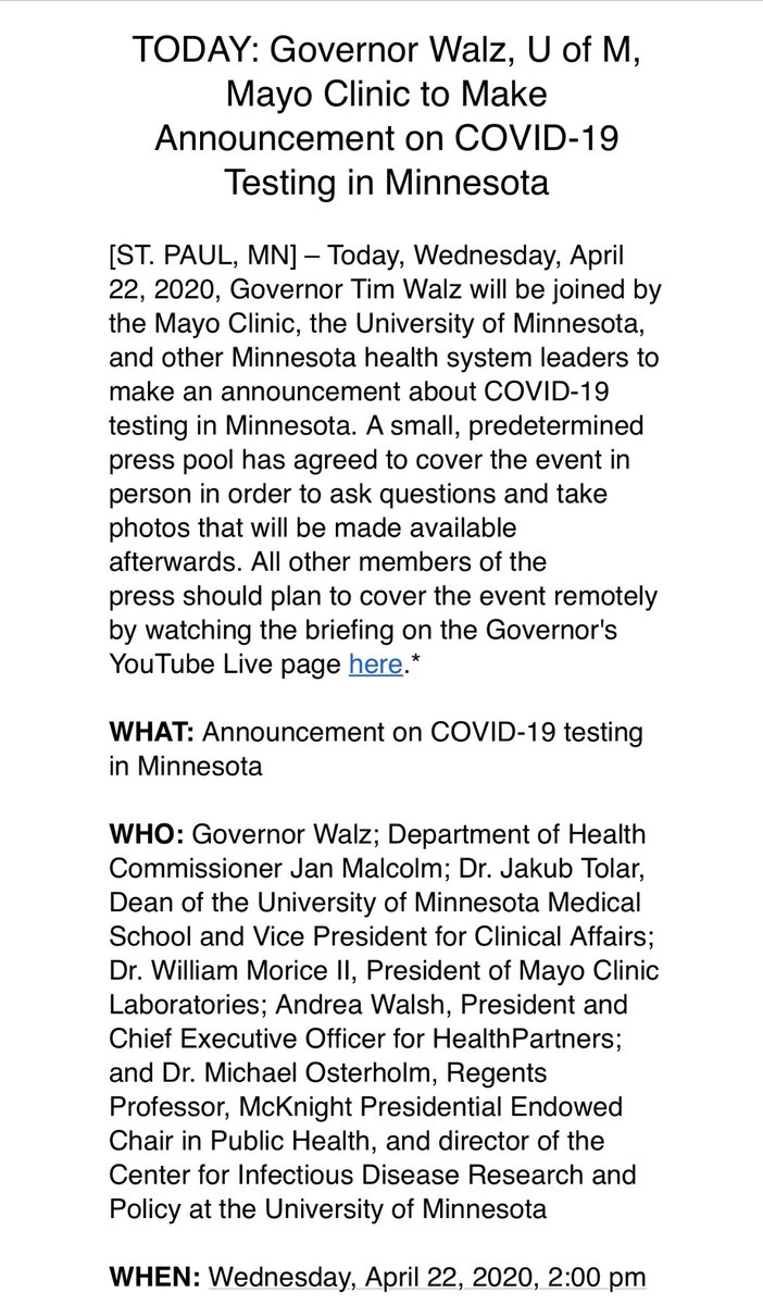 .  @GovTimWalz confirms a testing announcement is coming.