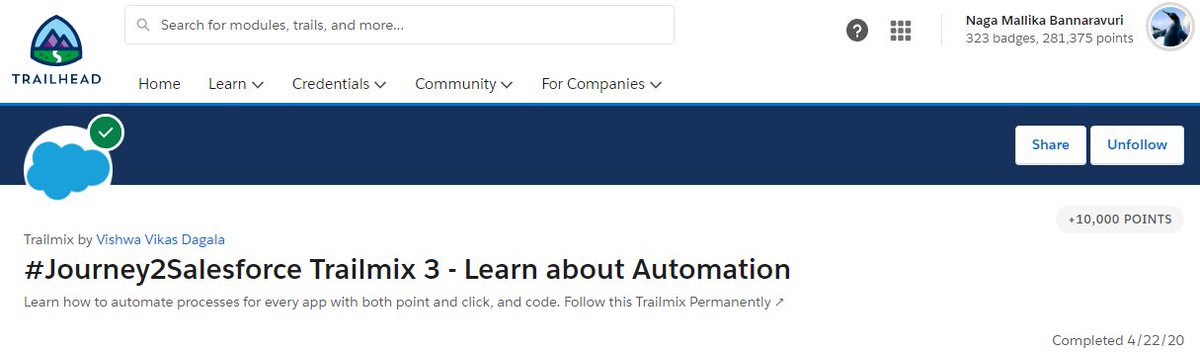 Thebnmallika's tweet image. Successfully completed #journey2salesforce trailmixes from 1-5.
@trailhead @YarlSFO @SalesforceUK @SalesforceAdmns @salesforce #TrailblazerCommunity #trailblazeon #SalesforceATX #Salesforce