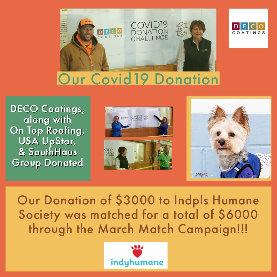Decocoatings's tweet photo. We r so excited to have had our donation of $3k matched from the March Matching Campaign at @IndyHumane ! 2gethr we r stronger, 2gether we can make a change!
#savinglivessince1905 #keepingindyhumane #adoptdontshop
#covid #covid19 #covidkindness #animalshelters #petrescue https://t.co/tht0n02WFh
