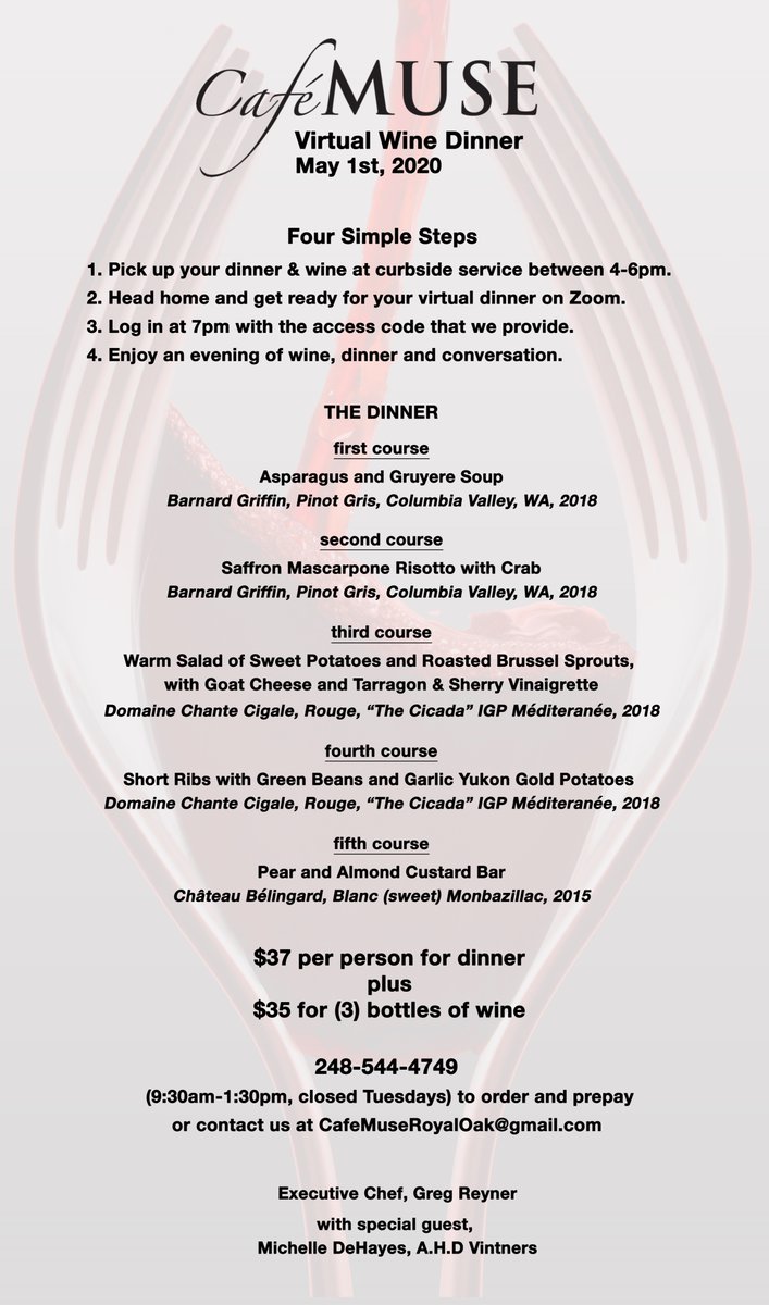 CafeMuseRO's tweet photo. Join us for our very first VIRTUAL WINE DINNER on May 1st. 248-544-4749 to order and prepay! https://t.co/zEfxFHhoyF