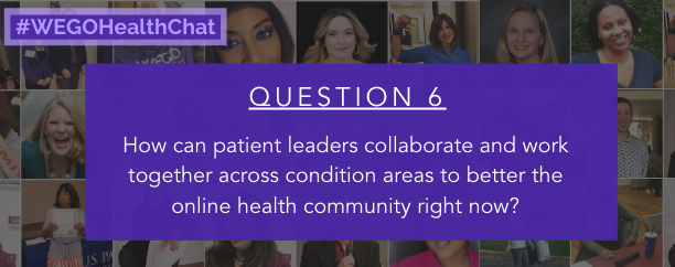 socialhealthnet's tweet photo. So let's get creative for this last one!
Q6. How can patient leaders collaborate and work together across condition areas to better the online health community right now? #WEGOHealthChat https://t.co/UC8UA6iMdB